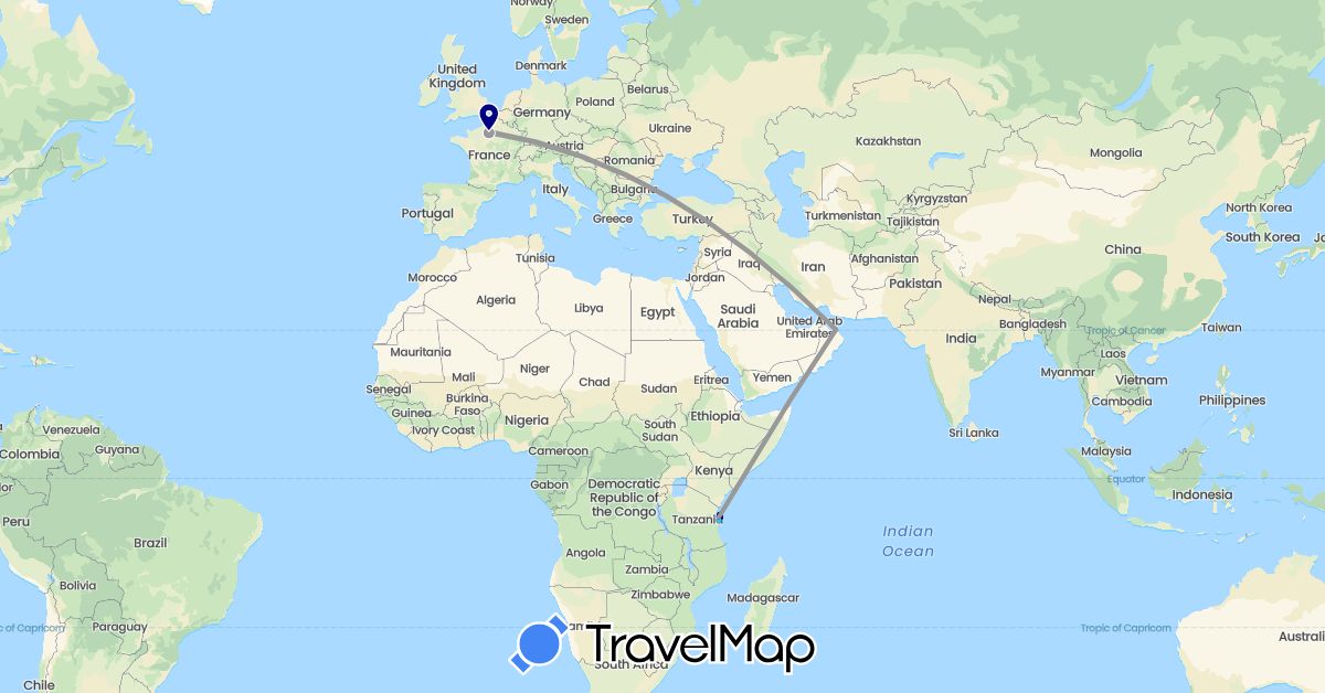 TravelMap itinerary: driving, plane, boat in France, Oman, Tanzania (Africa, Asia, Europe)
